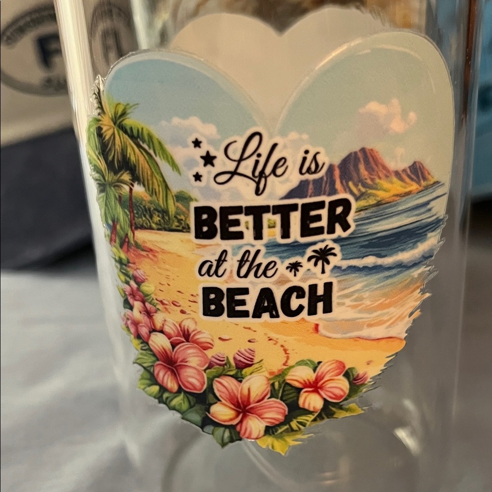 Beach Themed “Better at the Beach” Glass Tumbler w/Bamboo Lid-Metal Straw-Brush - Picture 2 of 5